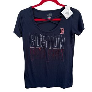 Boston Red Sox MLB Campus Lifestyle Womens Navy Blue Tee Shirt Sz XS Criss Cross